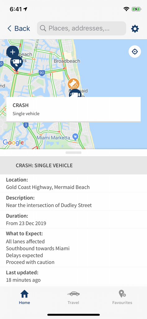 QLDTraffic - QLDTraffic 앱 지도가 골드 코스트 고속도로에서 단일 차량 충돌 사고 알림 및 사고 세부 정보를 보여줍니다