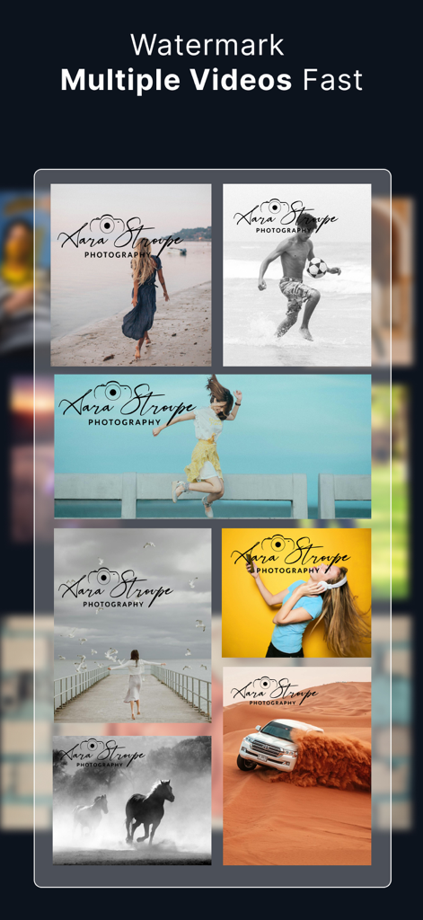 eZy Watermark Videos Lite - App-Oberfläche, die die Stapel-Wasserzeichenerstellung mehrerer Videos mit einem benutzerdefinierten Fotografie-Logo zeigt.