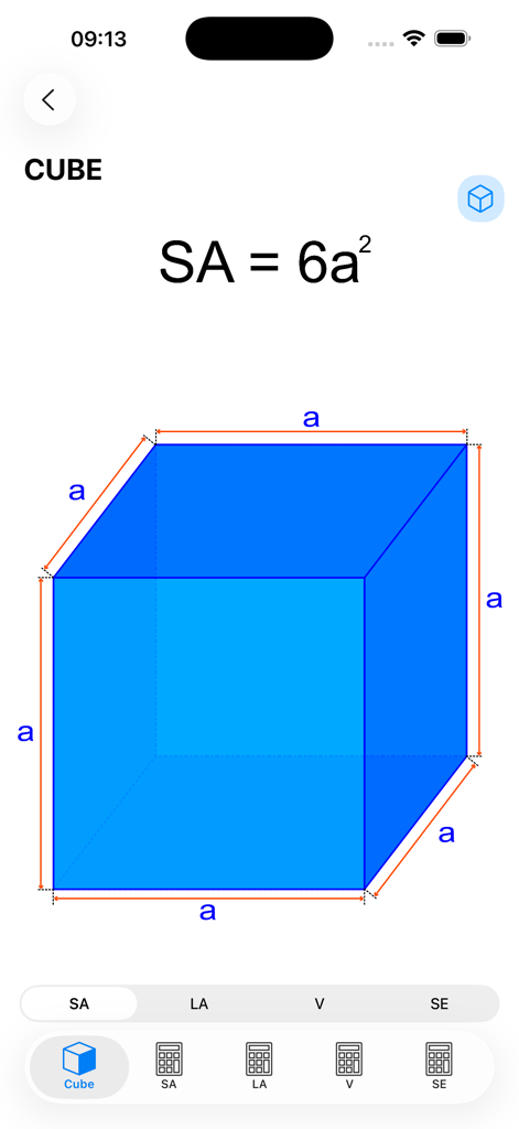 Geometry!! - Geometryアプリのスクリーンショット。青い3Dキューブとその表面積の公式が表示されています。