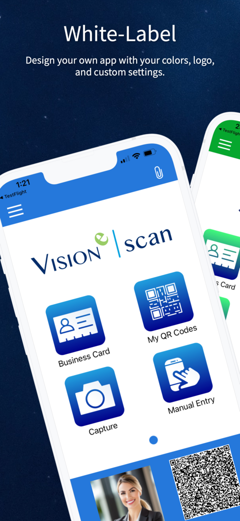 Visione Scan app interface showing white label customization options with custom colors and logos on iPhone