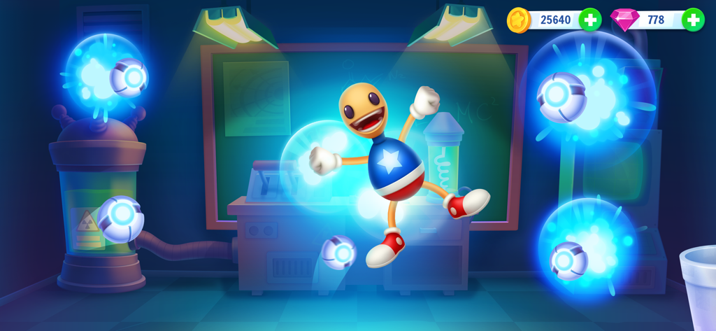 Buddy-Charakter in einem Superhelden-Outfit, umringt von leuchtend blauen Energiekugeln in einem wissenschaftlichen Labor.