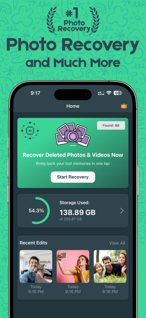 Interface of the Photo Recovery app home screen featuring a Start Recovery button and device storage information