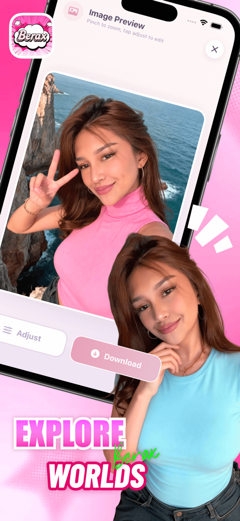 Berax - Smartphone screen displaying the Berax app with a portrait blended into a scenic fantasy background