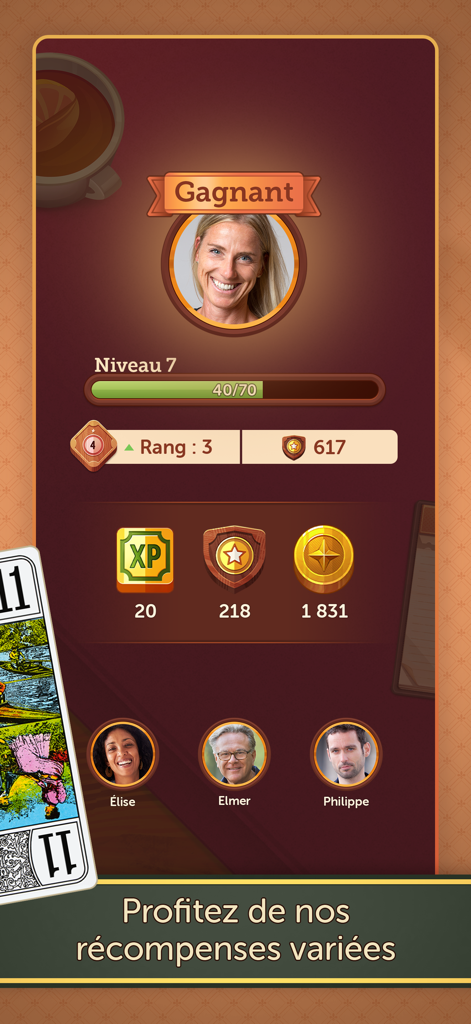 Tarot - Fun & Friends - Siegbildschirm des Tarot-Kartenspiels, der das Spielerlevel und die Belohnungen zeigt