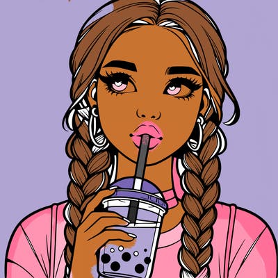 realistic girl with braided hair drinking boba