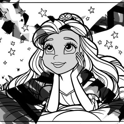 a princess lying on her back on a blanket, looking up at the stars with a dreamy expression.