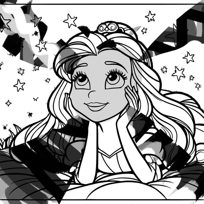 a princess lying on her back on a blanket, looking up at the stars with a dreamy expression.