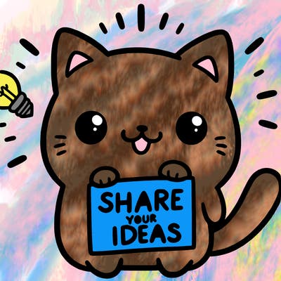 a cute cat saying share your ideas