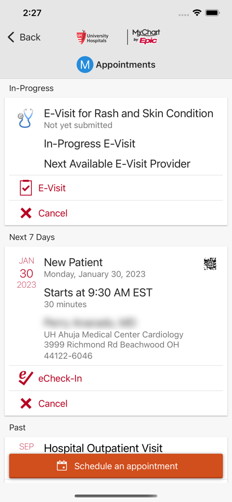 UH MyChart - Screenshot of the UH MyChart appointments screen displaying upcoming visits, e-check-in options, and scheduled e-visits.