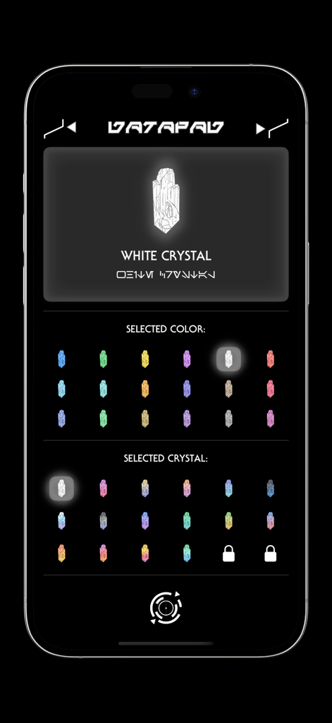 Pantalla de aventura de cristales ocultos en la aplicación Traductor de Aurebés Datapad