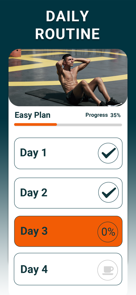 Abs and Core Workout at Home - Daily routine tracker screen of the Abs and Core Workout app showing progress on a 30 day fitness challenge