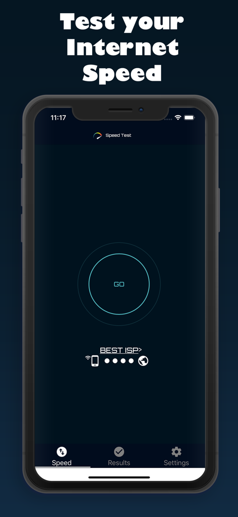 Schermata principale dell'app SpeedTest con un grande pulsante GO centrale per avviare il test della velocità della connessione Internet