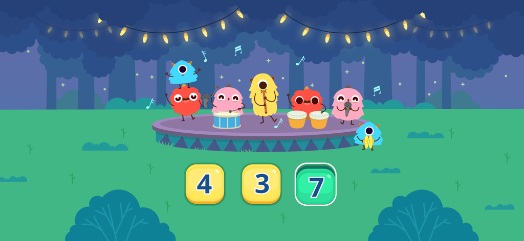 Dinosaur Math Games for kids - Colorful monsters performing on a stage in a forest with a math addition puzzle featuring numbers four three and seven
