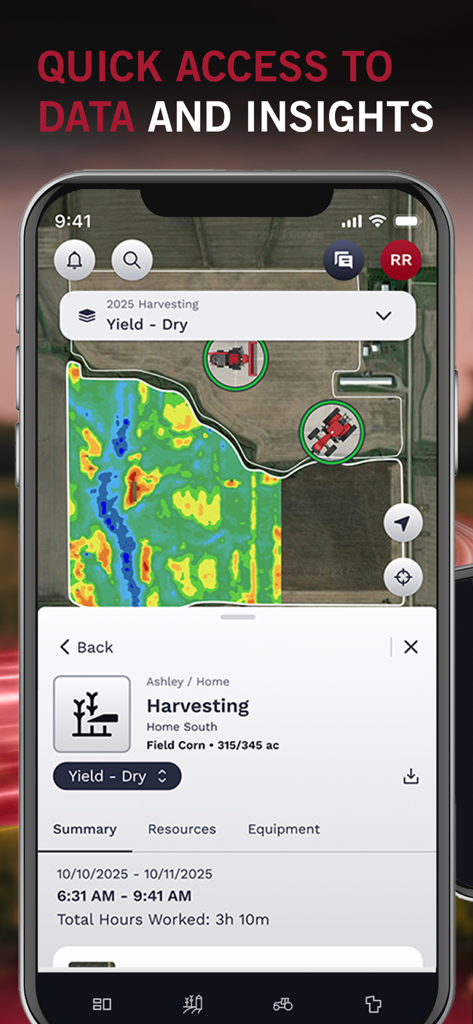 Case IH FieldOps™ - A smartphone showing the Case IH FieldOps app interface with a field heatmap and harvesting summary