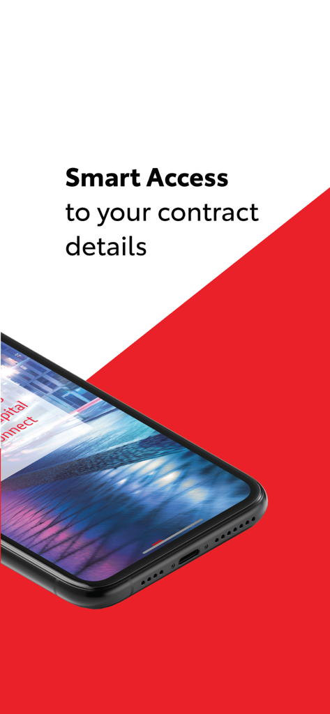 Smartphone screen featuring the Toyota Capital EZ Connect app with the heading Smart Access to your contract details