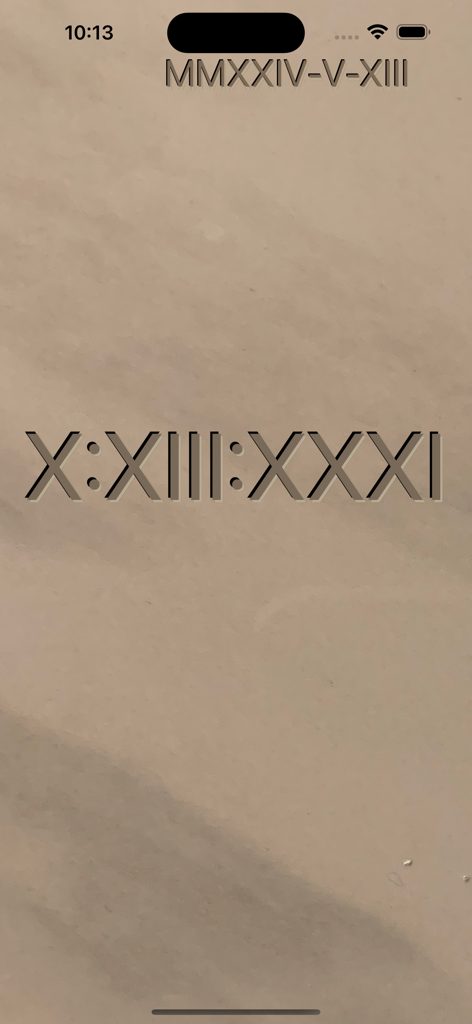 Roman Digital Clock - Interface do aplicativo Relógio Digital Romano mostrando a hora e a data em numerais romanos em um fundo de pedra