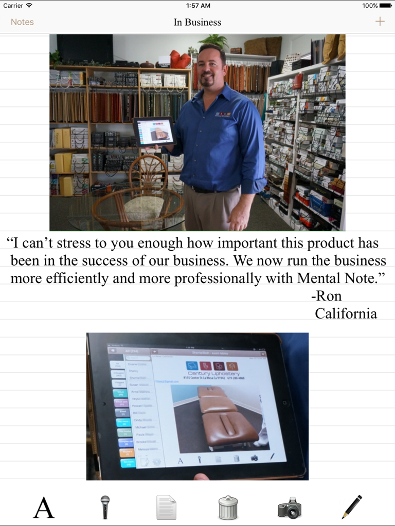 Ein Testimonial von einem Geschäftsinhaber namens Ron, der zeigt, wie er Mental Note für iPad zur effizienten Verwaltung seines Polstergeschäfts nutzt.