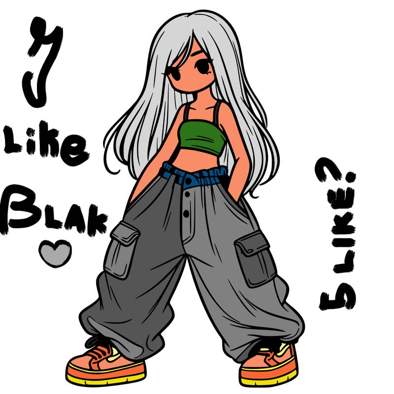 girl in baggy pants, crop top, and long hair
