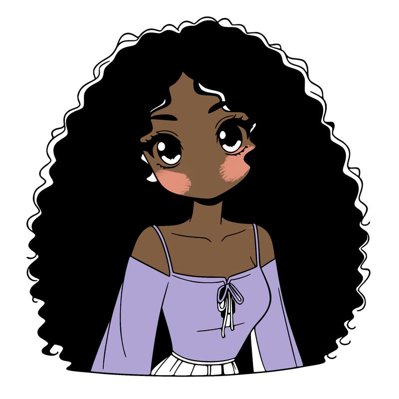 a black anime girl with long afro hair