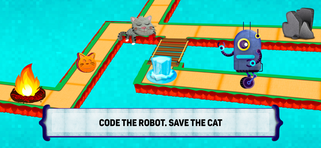 Educational coding game level with a robot and a cat on a path with obstacles