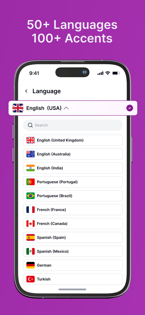 Text Reader - Text to Speech - Interfaz de la aplicación Speaktor que muestra una amplia lista de más de 50 idiomas y 100 acentos para la conversión natural de texto a voz con IA.