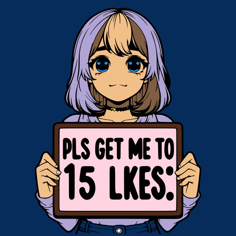 realistic girl holding up a sign that says “pls get me to 15 likes!”