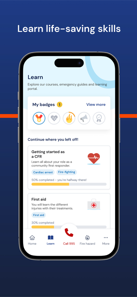 myResponder app interface showing first aid courses and life saving skill training modules