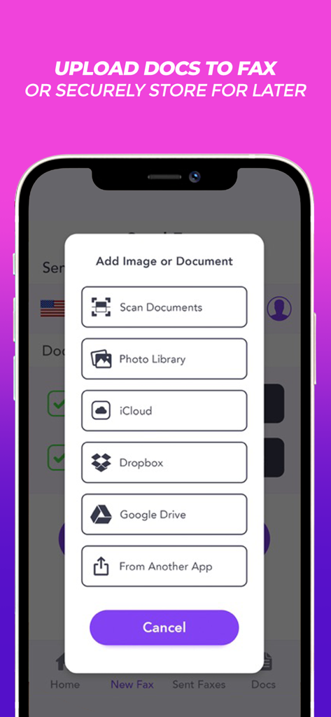 Simple Fax - Fax From iPhone - Mobile app screen showing options to upload documents for faxing via scanner photo library or cloud storage