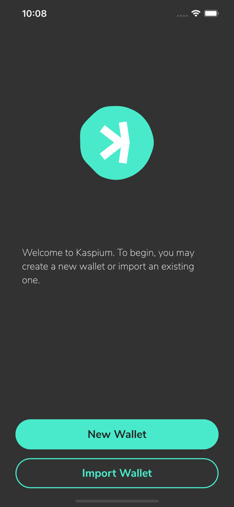 Écran d'accueil de l'application Kaspium avec des options pour créer un nouveau portefeuille ou importer un portefeuille existant