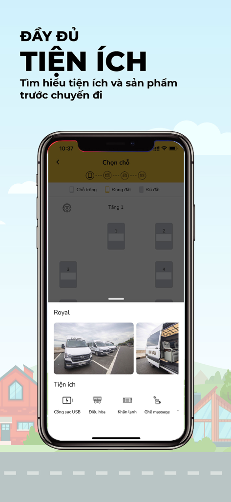 HAIVAN app interface showing seat selection and luxury van amenities like USB charging and massage chairs