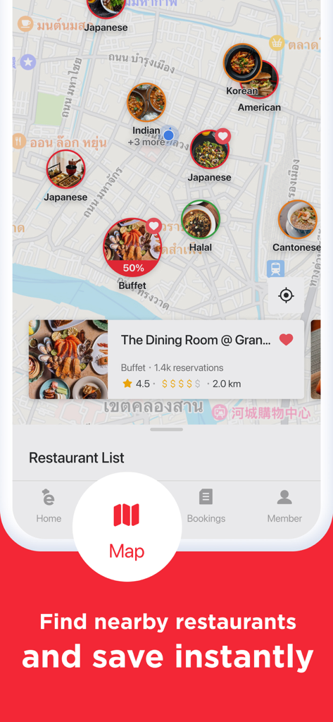 Eatigo app map view showing nearby restaurants and dining discounts up to 50 percent
