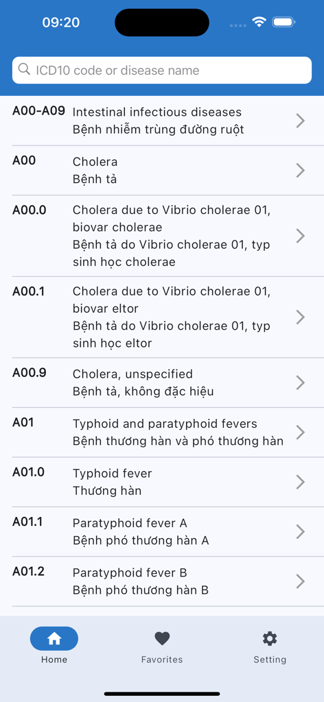 ICD-10 Dictionary app interface showing a list of medical diagnostic codes like cholera and typhoid