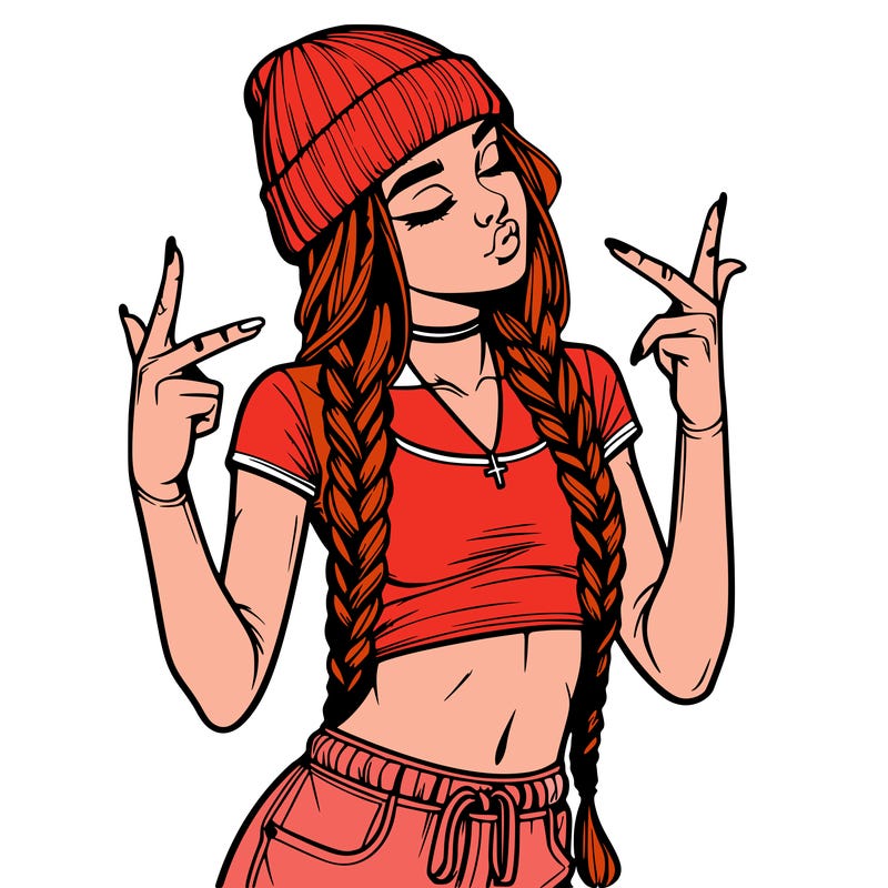 realistic teenage girl with braids and a beanie and crop top doing 🫶🏼