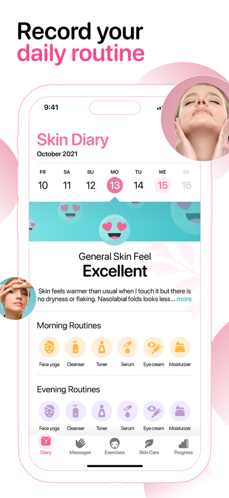 Facegym - Face Fitness Yoga - Interface of the Facegym app showing the Skin Diary feature for tracking daily skincare routines and skin condition