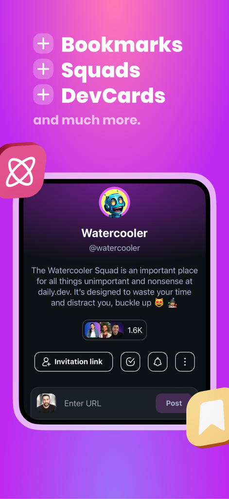 daily.dev - Una captura de pantalla de la aplicación daily.dev que muestra el escuadrón de la comunidad Watercooler para desarrolladores con funciones de marcadores y perfiles.
