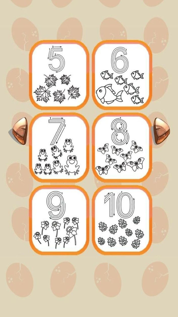Numbers Tracer Phonics Coloring Book: Learning Basic Math Free For Toddlers And Kids! - Tela de aplicativo educacional mostrando os números de 5 a 10 com caminhos de rastreio guiados e atividades de contagem para crianças