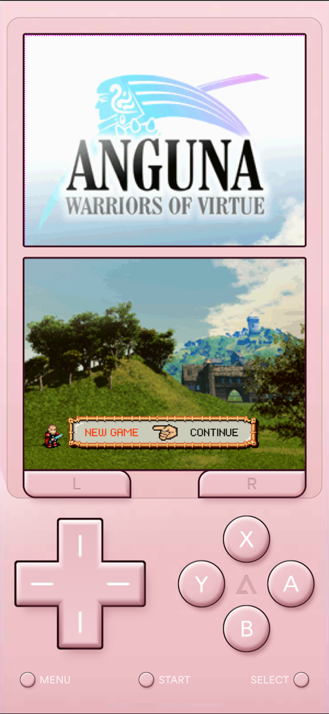Delta emulator playing Anguna on a pink Nintendo DS controller skin
