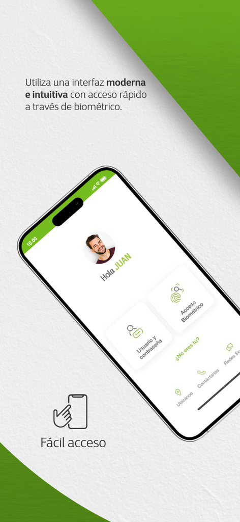 Banco de Loja mobile app login screen featuring biometric access and personalized greeting for easy secure banking