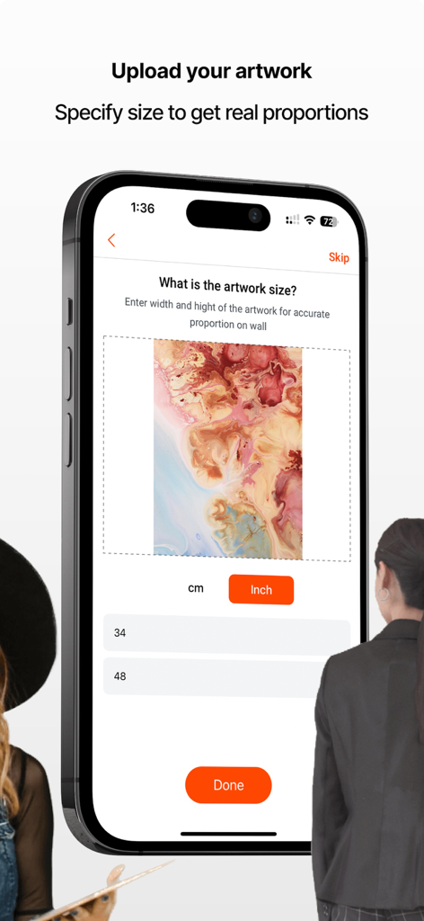 Interface of Artmywall app showing how to specify artwork size for realistic wall proportions