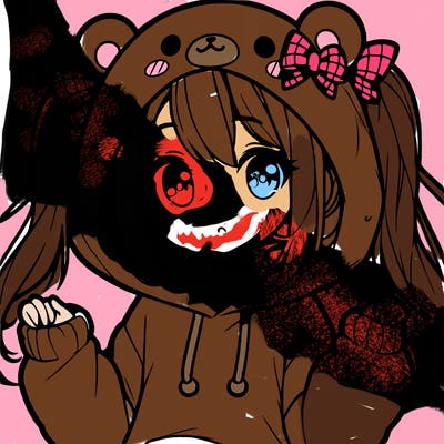 cute anime girl with ponytails and a cute bear hoodie