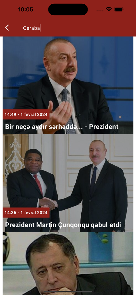 Axar.az - News portal - Interfaz de la aplicación de noticias Axar.az que muestra las últimas noticias políticas de Azerbaiyán