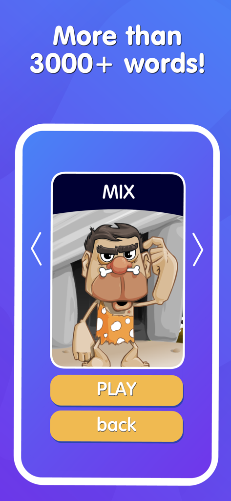만화 원시인 일러스트와 함께 믹스 단어 세트가 표시된 Hands up! 제스처 게임 앱 화면