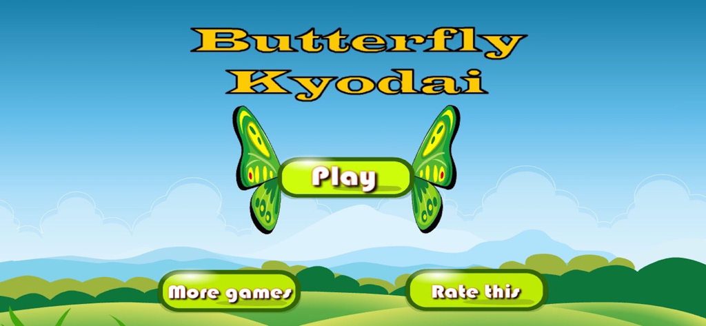 Pantalla del menú principal del juego móvil Butterfly Kyodai con un botón de jugar y fondo natural