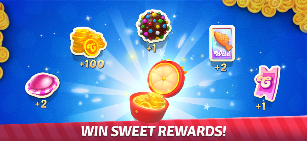Candy Crush Solitaire - A treasure chest opening to reveal various rewards like coins and boosters in Candy Crush Solitaire