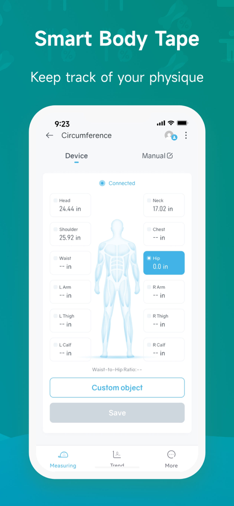Silvergear Fit app interface showing body circumference measurements on a human silhouette for tracking physique progress.