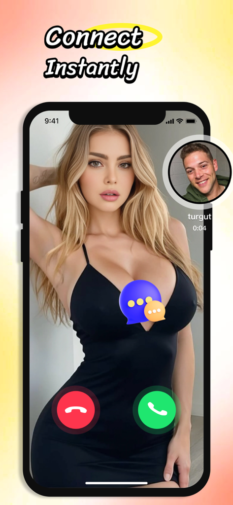 Soku: Video & Live Chat - Soku app interface showing a live video call between two users with a text overlay that says Connect Instantly