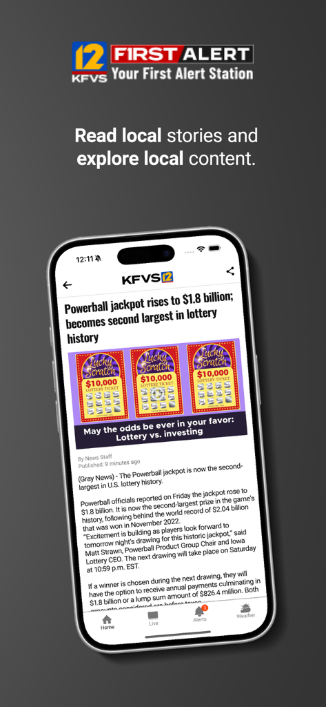 KFVS12 Heartland News mobile app interface showing a local news article about the Powerball jackpot.