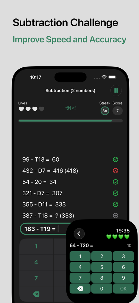 Subtraction challenge game on iPhone and Apple Watch for darts mental math practice.