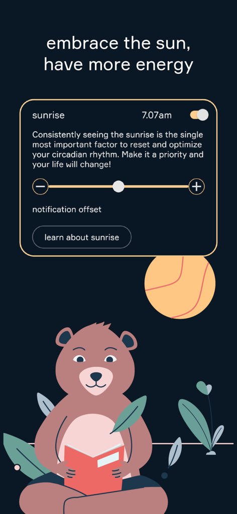 Circadian: Your Natural Rhythm - Circadian app interface showing sunrise time at 7:07 AM and notification settings for optimizing circadian rhythm.