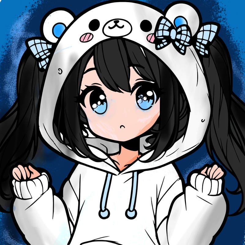 cute anime girl with ponytails and a cute bear hoodie